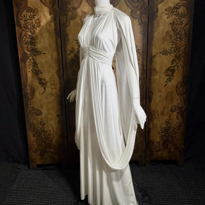 vintage wedding dress gown, 1970s Grecian Goddess white jersey knit gown drape panels