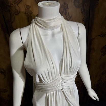 vintage wedding dress gown, 1970s Grecian Goddess white jersey knit gown drape panels