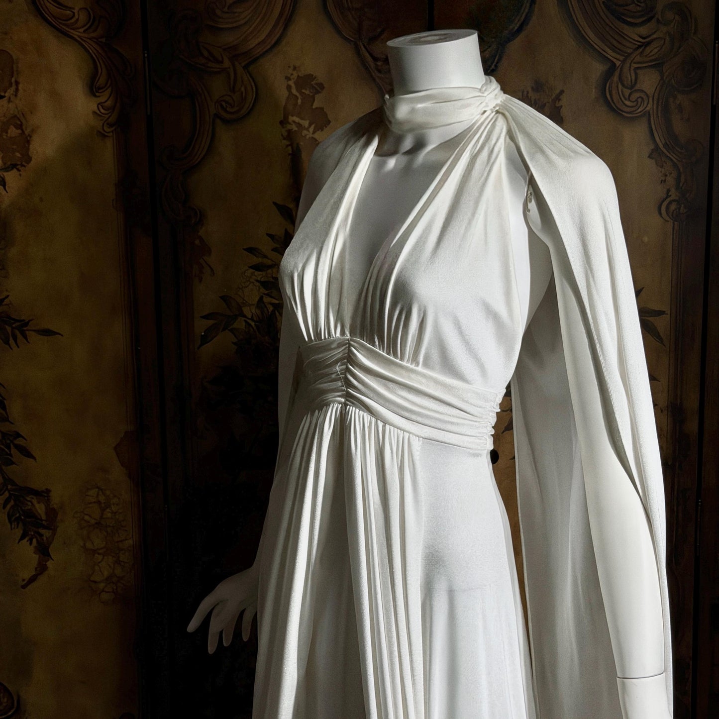 vintage wedding dress gown, 1970s Grecian Goddess white jersey knit gown drape panels