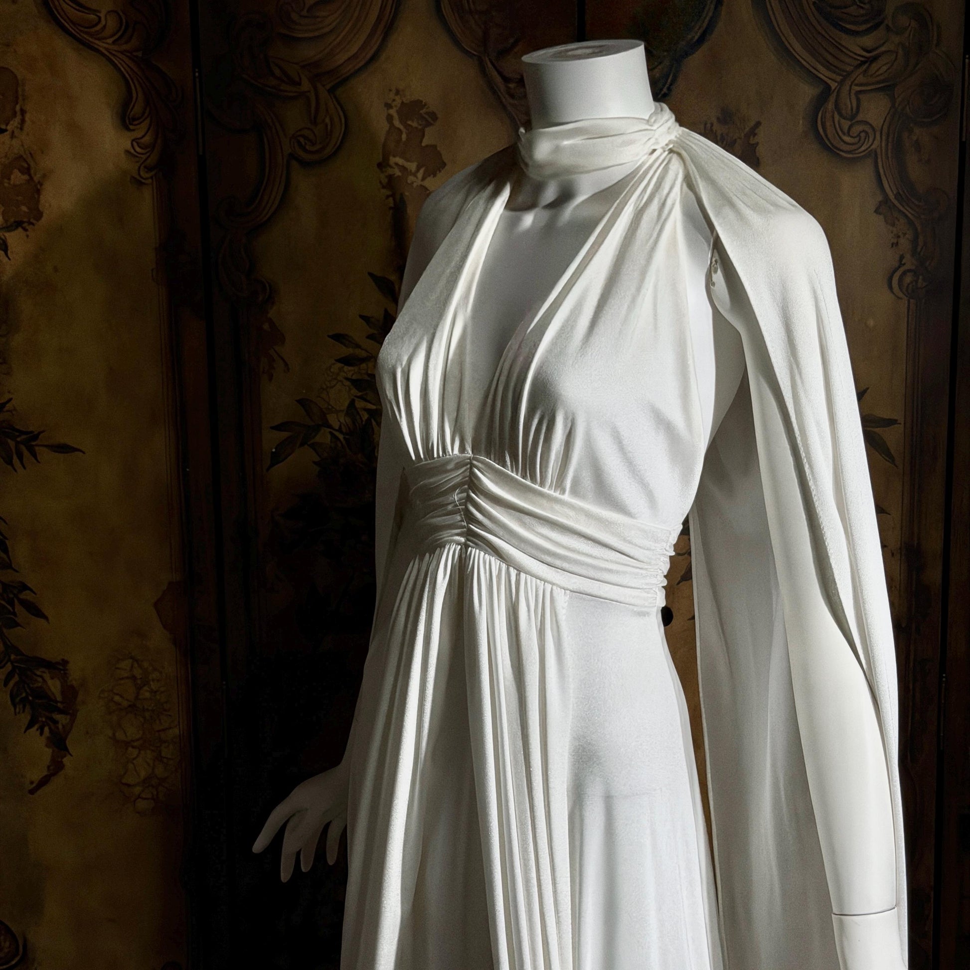 vintage wedding dress gown, 1970s Grecian Goddess white jersey knit gown drape panels