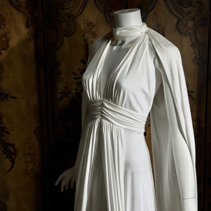vintage wedding dress gown, 1970s Grecian Goddess white jersey knit gown drape panels