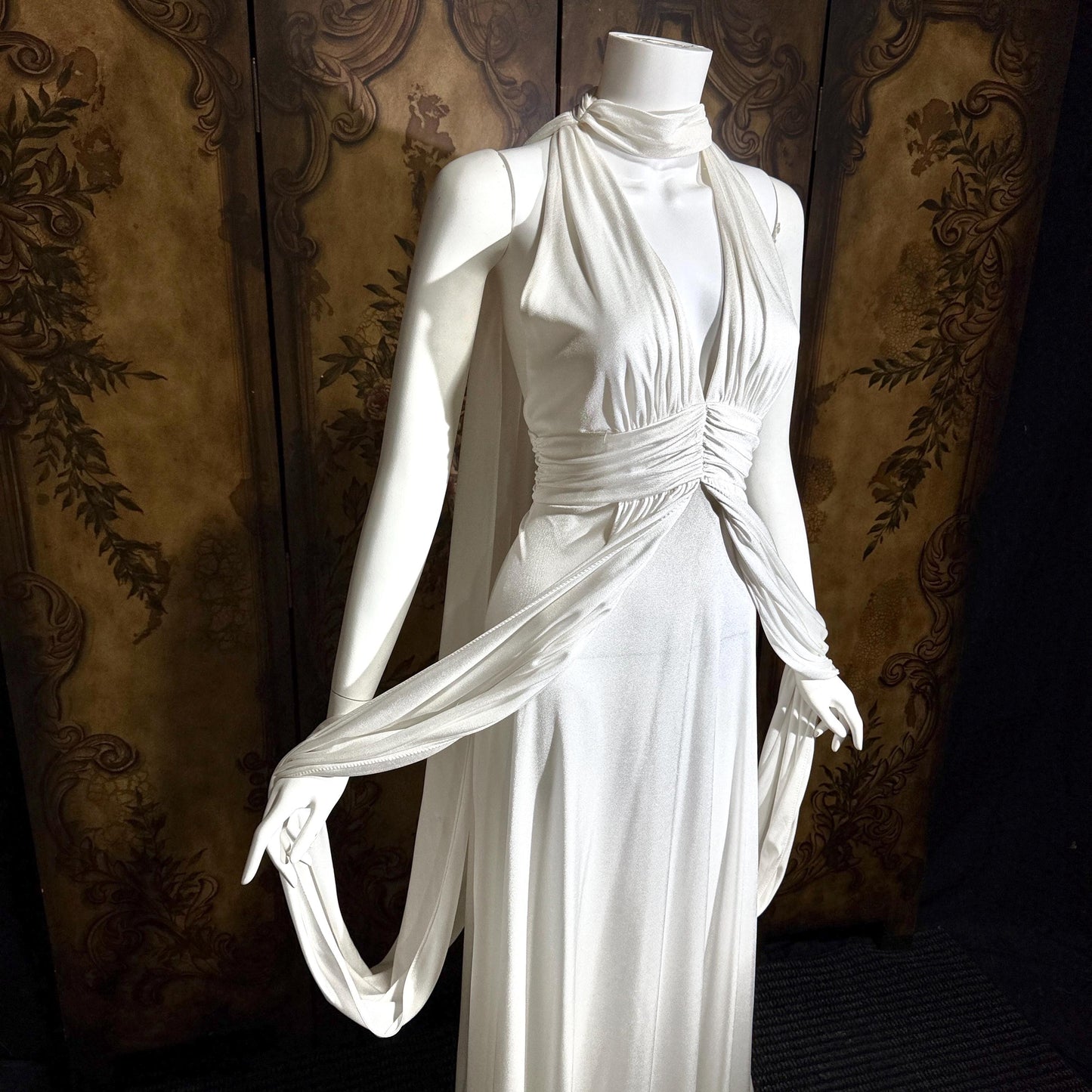 vintage wedding dress gown, 1970s Grecian Goddess white jersey knit gown drape panels