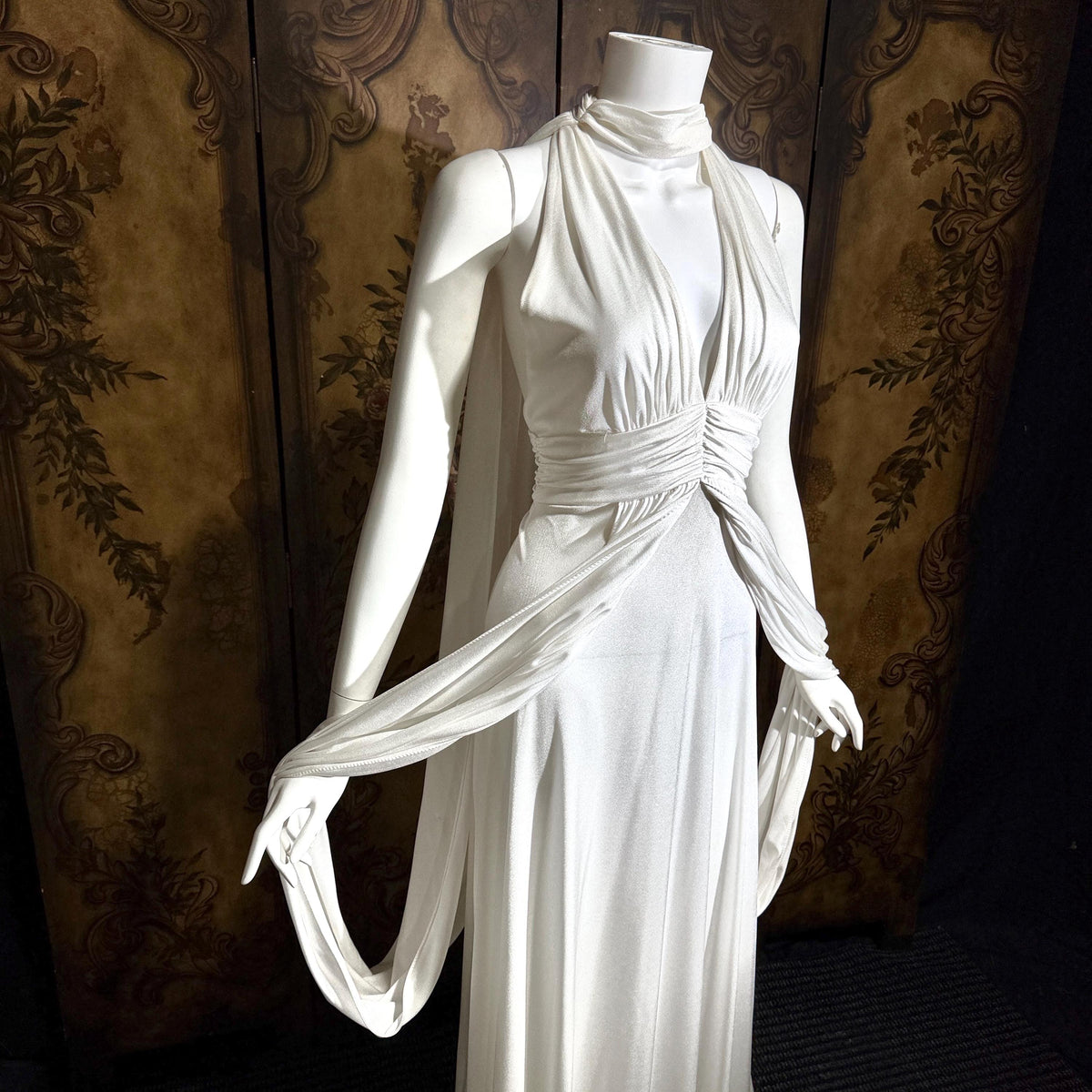 vintage wedding dress gown, 1970s Grecian Goddess white jersey knit gown drape panels