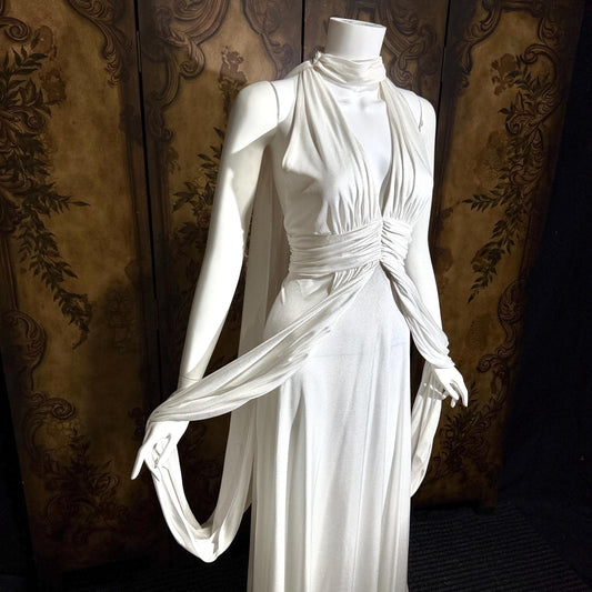 vintage wedding dress gown, 1970s Grecian Goddess white jersey knit gown drape panels