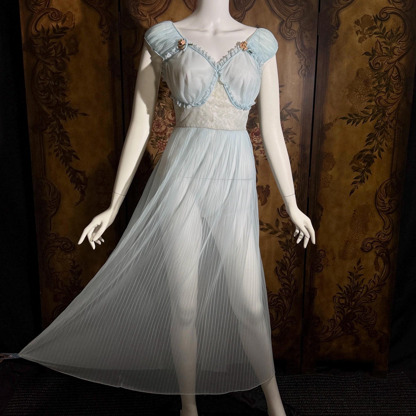 vintage 1940s Nightgown Slip dress, Micro Pleat blue puffed sleeve Lingerie Dress