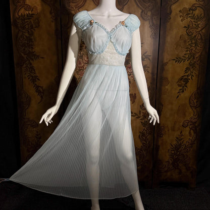 vintage 1940s Nightgown Slip dress, Micro Pleat blue puffed sleeve Lingerie Dress