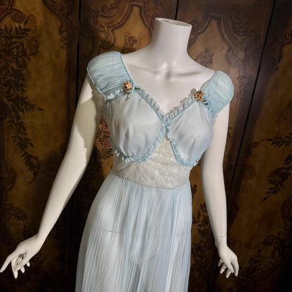 vintage 1940s Nightgown Slip dress, Micro Pleat blue puffed sleeve Lingerie Dress