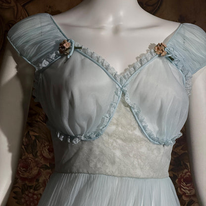 vintage 1940s Nightgown Slip dress, Micro Pleat blue puffed sleeve Lingerie Dress