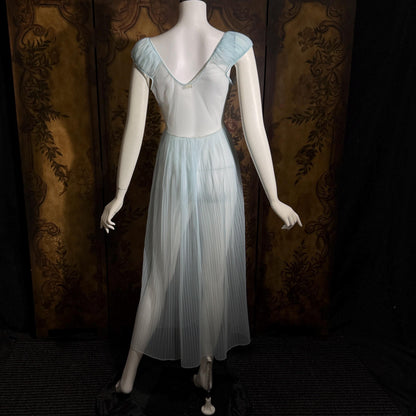 vintage 1940s Nightgown Slip dress, Micro Pleat blue puffed sleeve Lingerie Dress