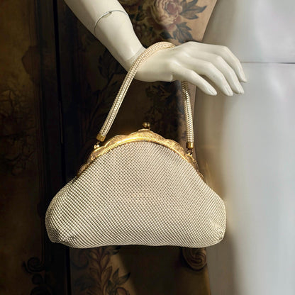 vintage 1950s WHITING & DAVIS evening bag, Mesh Pearly White Bridal purse dance bag