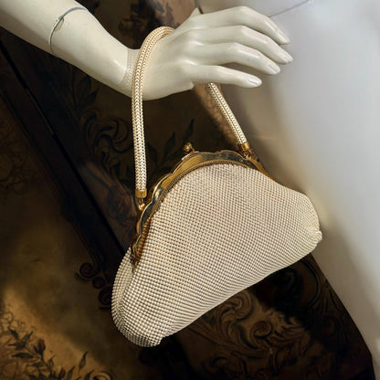 vintage 1950s WHITING & DAVIS evening bag, Mesh Pearly White Bridal purse dance bag