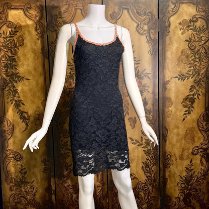 vintage 1990s BETSEY JOHNSON slip dress, Black lace bodycon cocktail dress