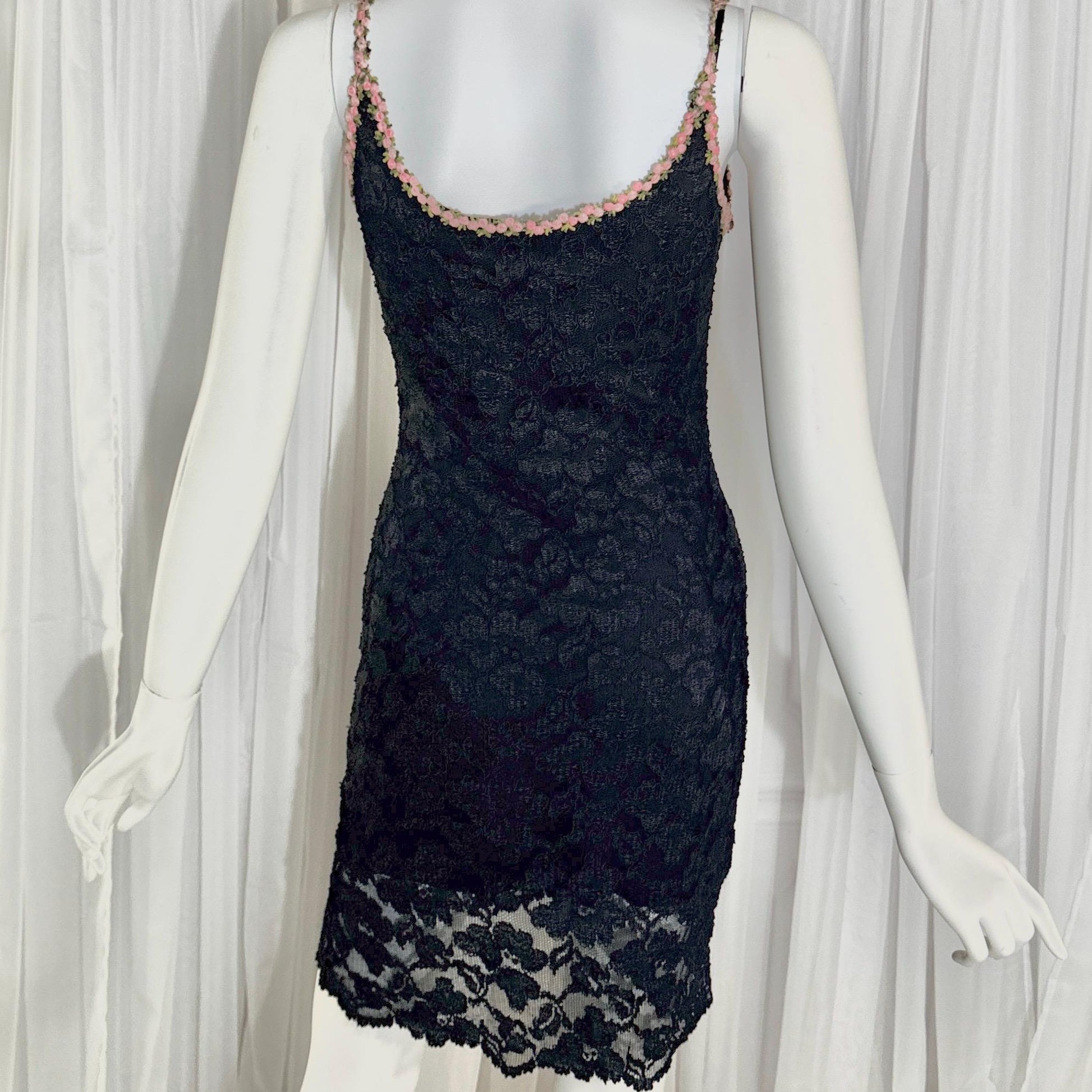vintage 1990s BETSEY JOHNSON slip dress, Black lace bodycon cocktail dress