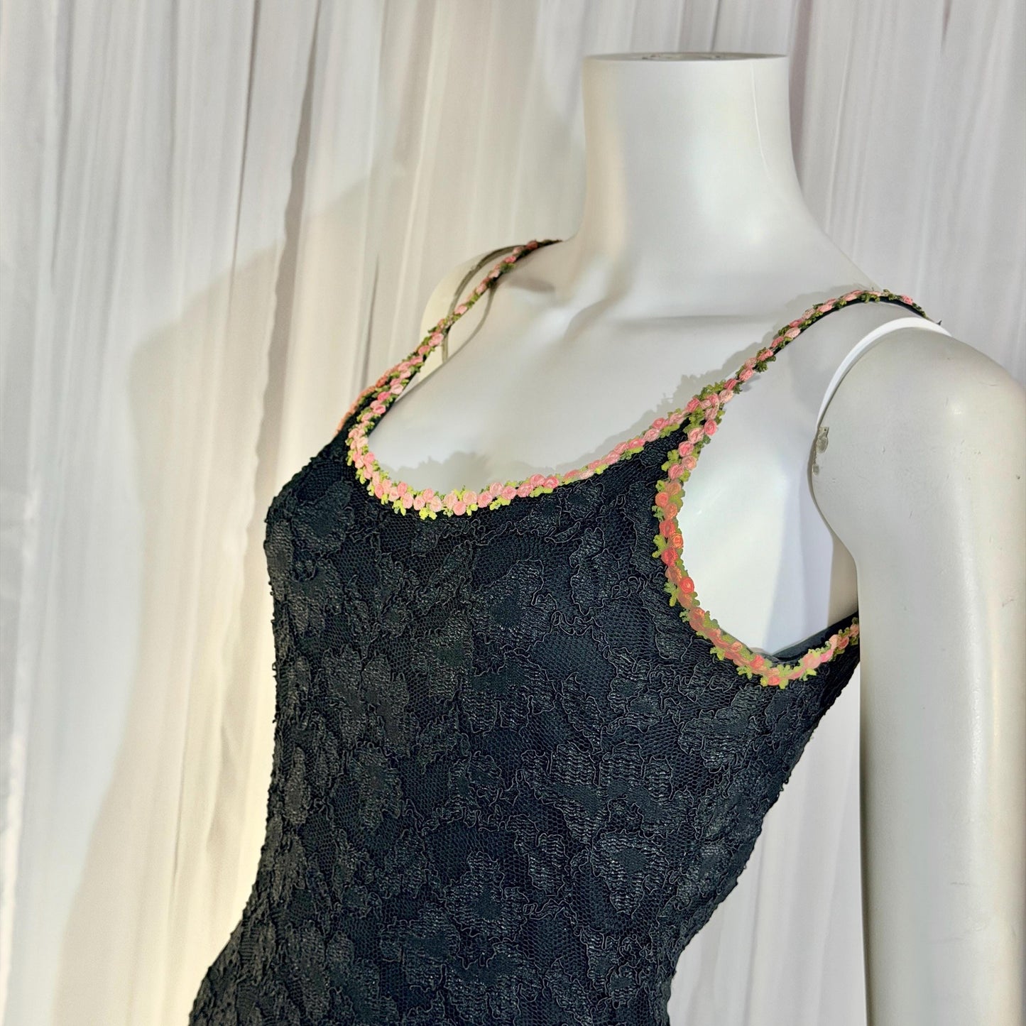 vintage 1990s BETSEY JOHNSON slip dress, Black lace bodycon cocktail dress