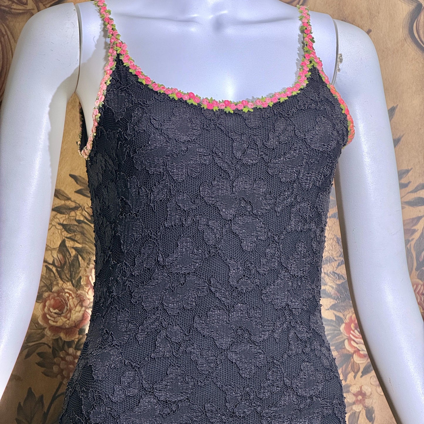 vintage 1990s BETSEY JOHNSON slip dress, Black lace bodycon cocktail dress