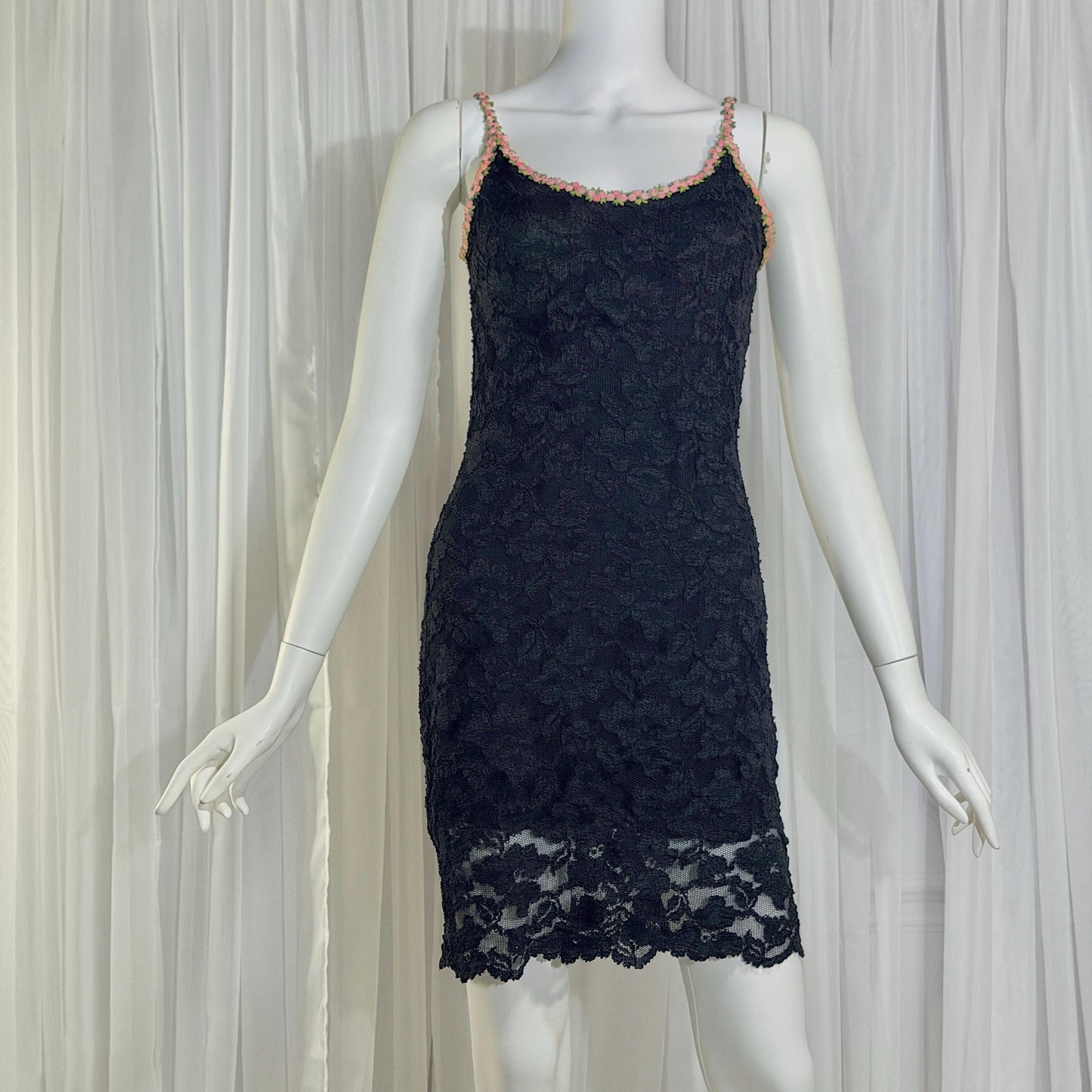 vintage 1990s BETSEY JOHNSON slip dress, Black lace bodycon cocktail dress