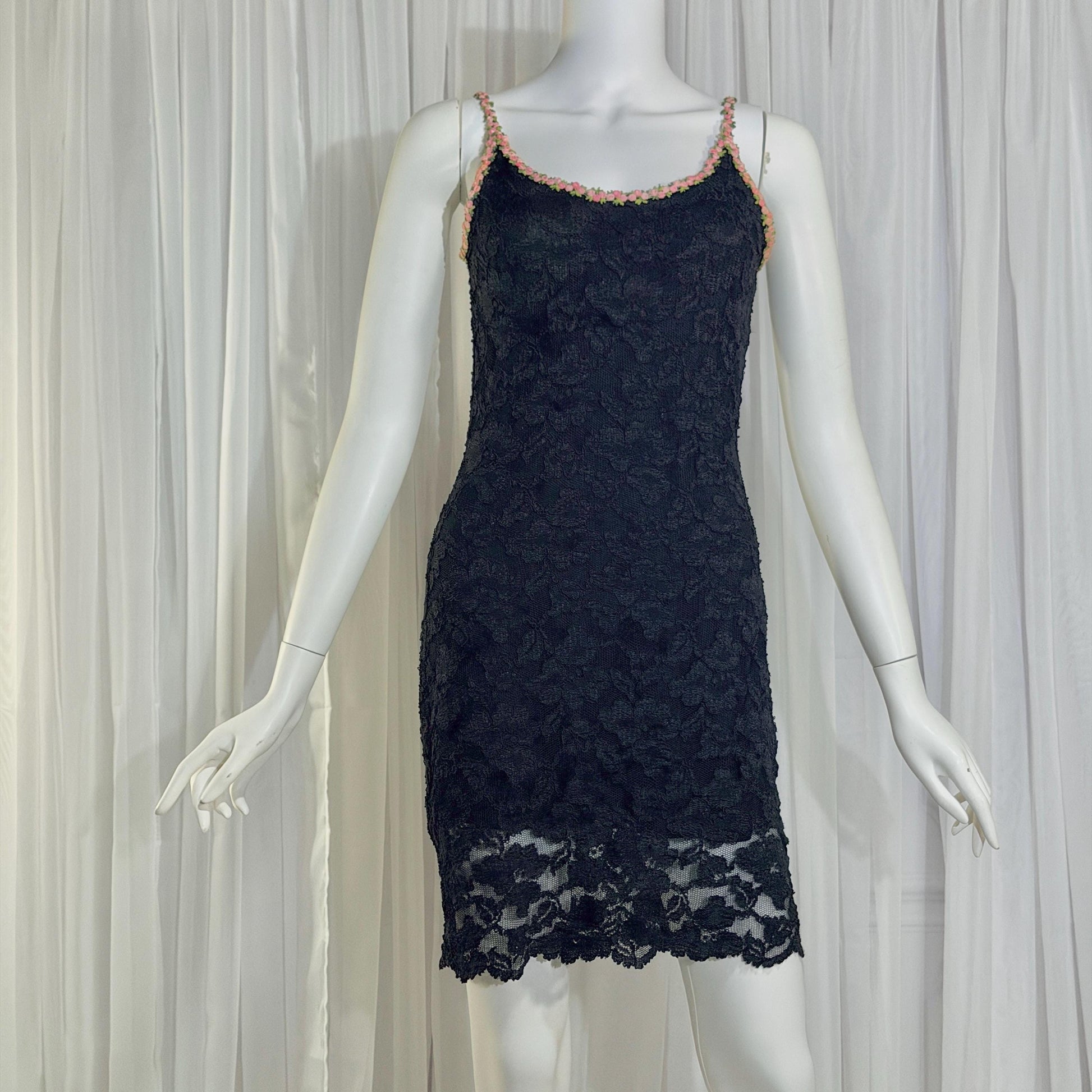 vintage 1990s BETSEY JOHNSON slip dress, Black lace bodycon cocktail dress