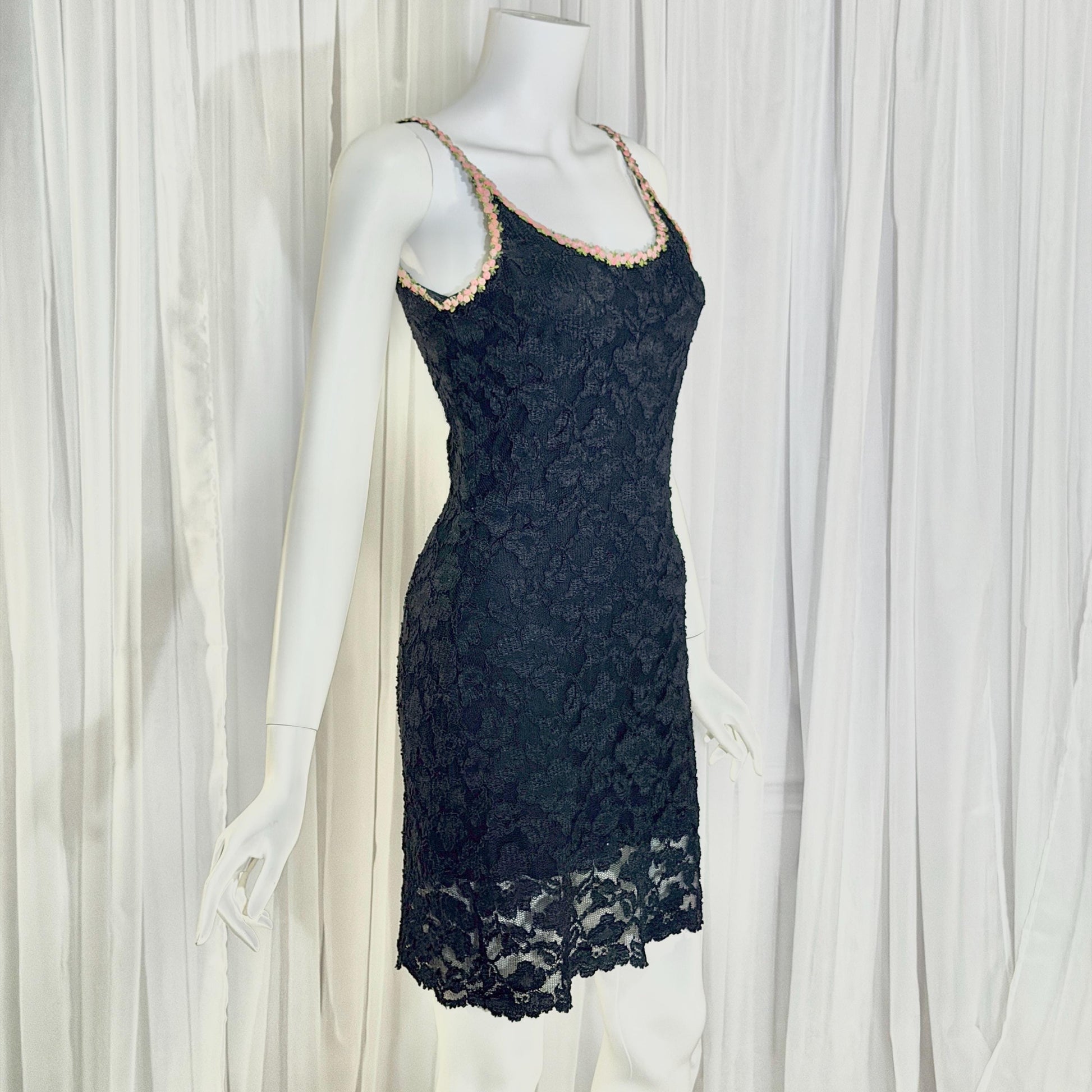 vintage 1990s BETSEY JOHNSON slip dress, Black lace bodycon cocktail dress