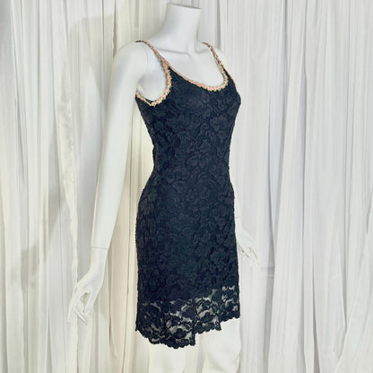 vintage 1990s BETSEY JOHNSON slip dress, Black lace bodycon cocktail dress
