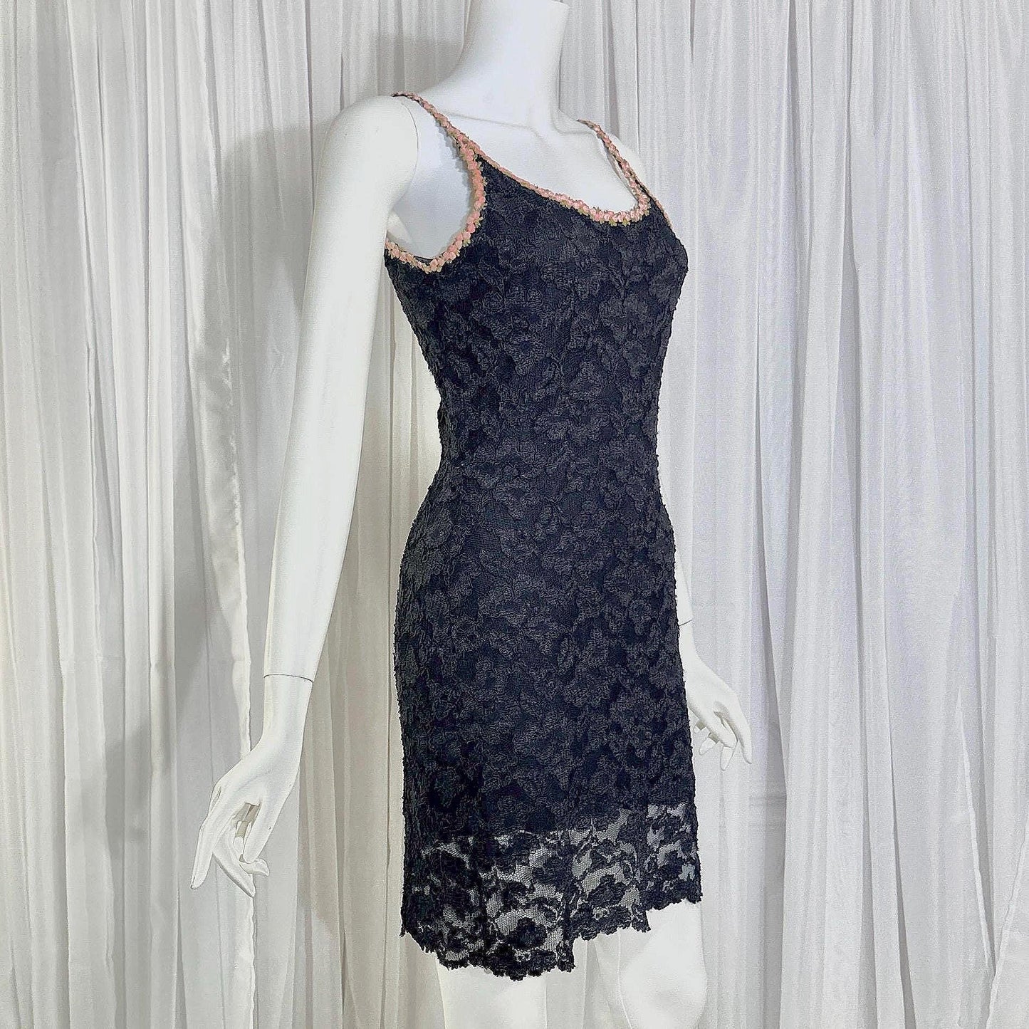 vintage 1990s BETSEY JOHNSON slip dress, Black lace bodycon cocktail dress