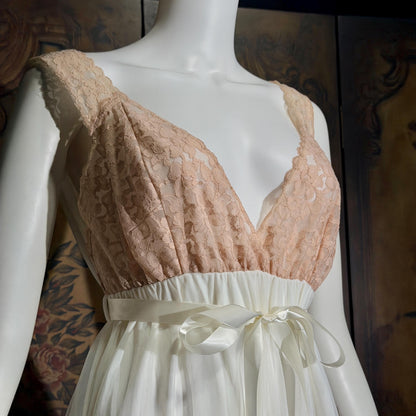vintage Nightgown Robe Peignoir Set, MERLITA 1960s Sheer white & blush lace lingerie gown