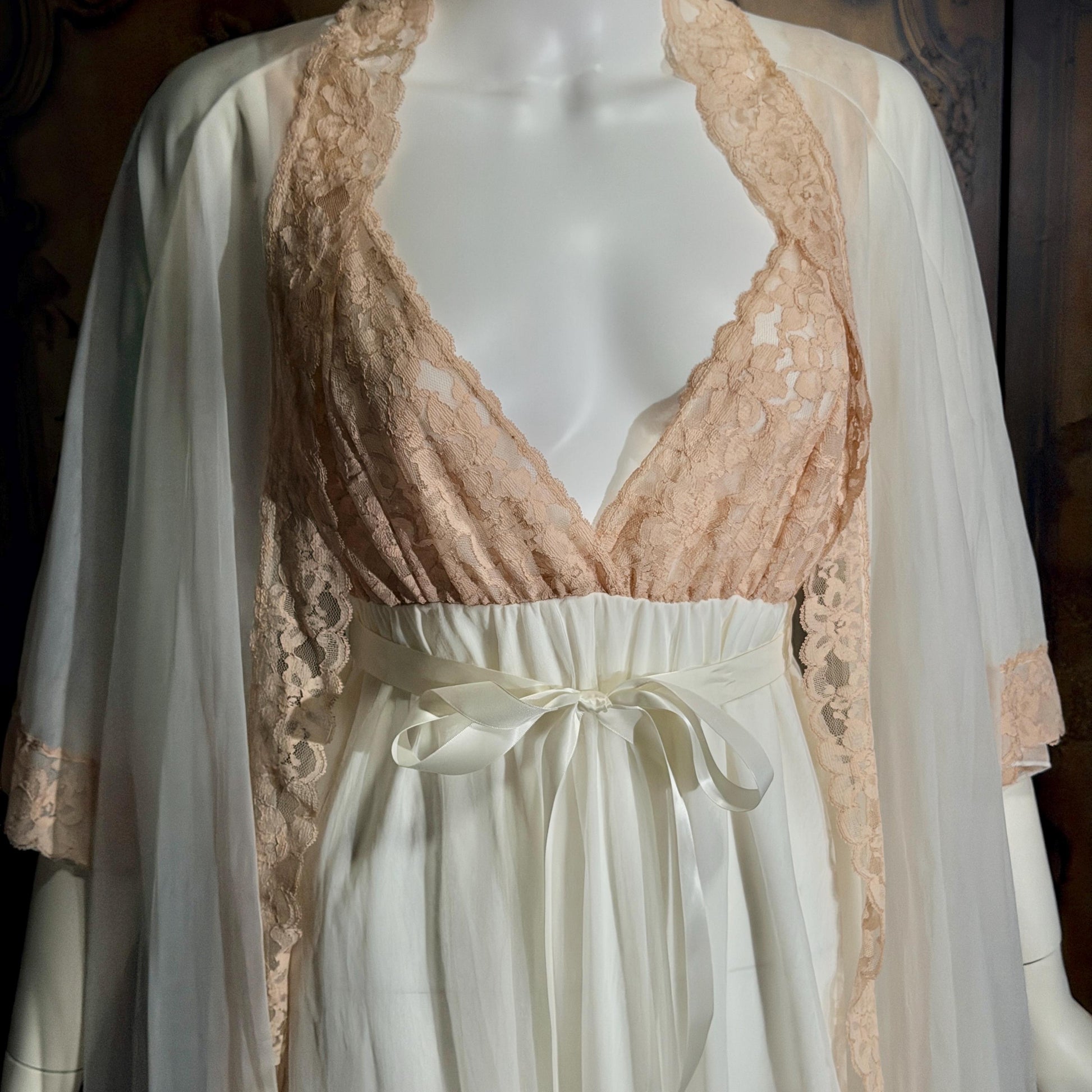 vintage Nightgown Robe Peignoir Set, MERLITA 1960s Sheer white & blush lace lingerie gown