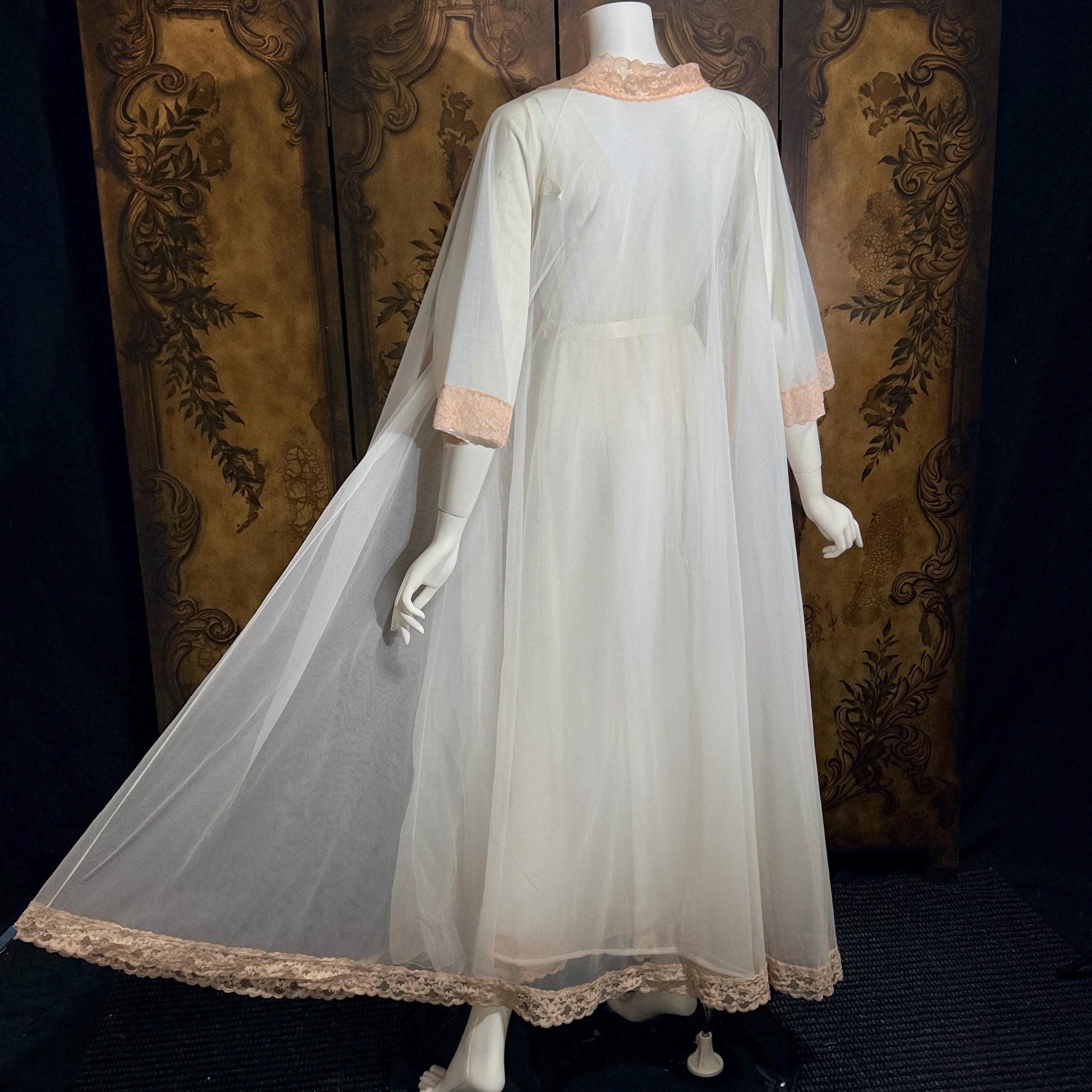 vintage Nightgown Robe Peignoir Set, MERLITA 1960s Sheer white & blush lace lingerie gown