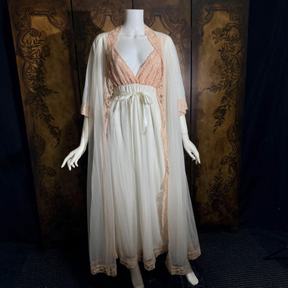 vintage Nightgown Robe Peignoir Set, MERLITA 1960s Sheer white & blush lace lingerie gown