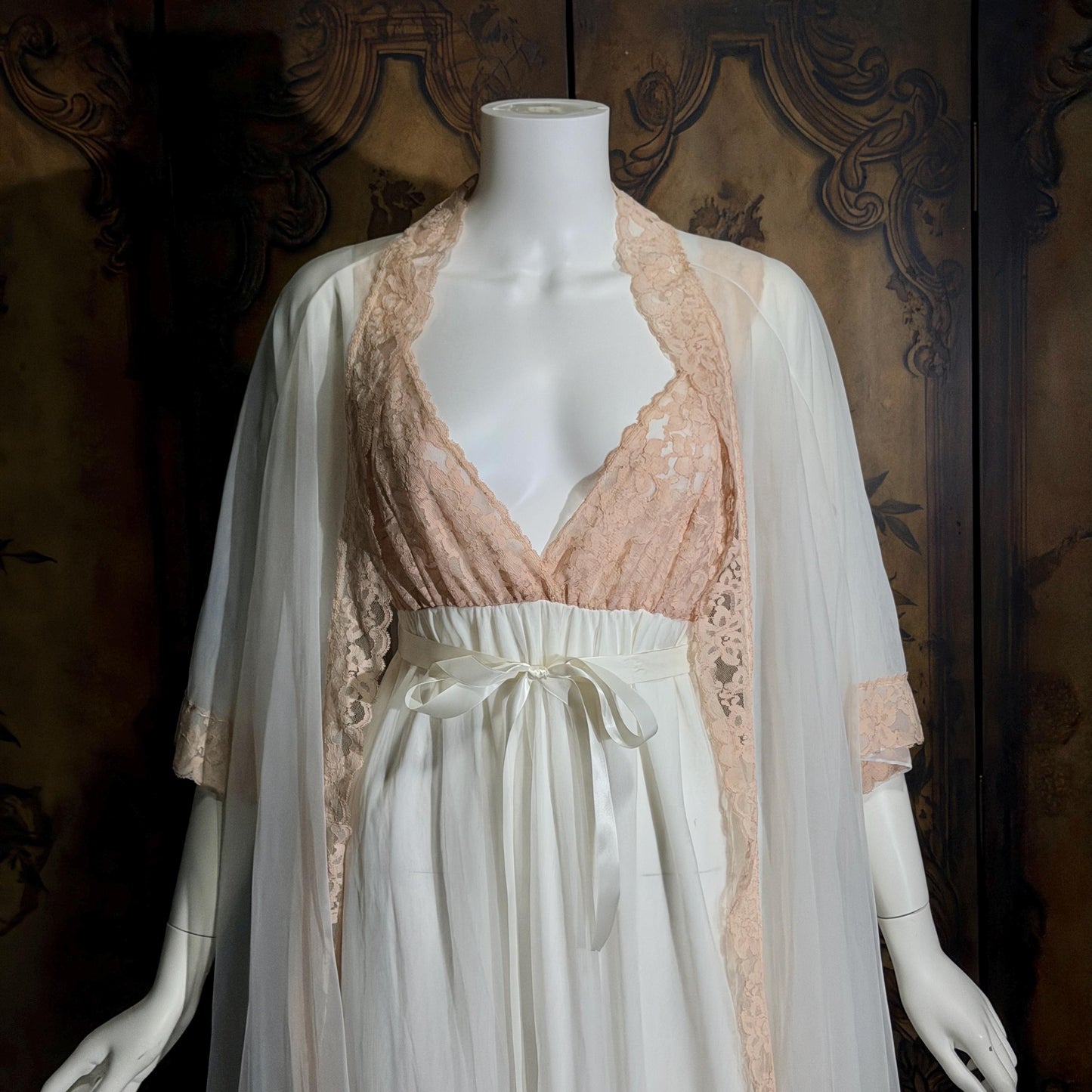 vintage Nightgown Robe Peignoir Set, MERLITA 1960s Sheer white & blush lace lingerie gown