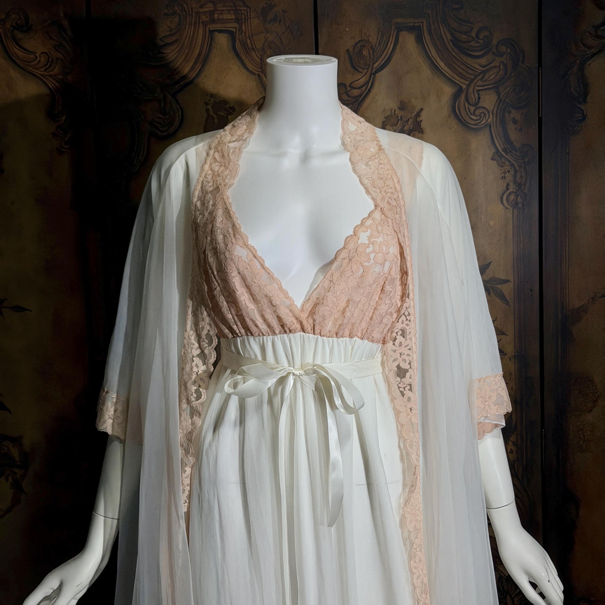 vintage Nightgown Robe Peignoir Set, MERLITA 1960s Sheer white & blush lace lingerie gown