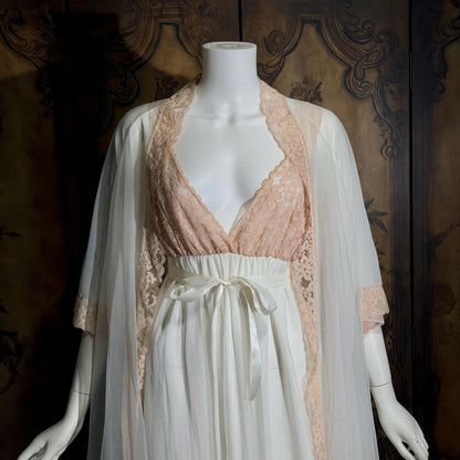 vintage Nightgown Robe Peignoir Set, MERLITA 1960s Sheer white & blush lace lingerie gown