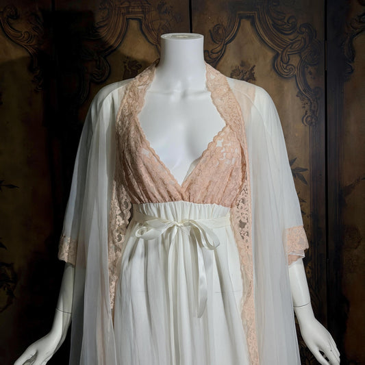 vintage Nightgown Robe Peignoir Set, MERLITA 1960s Sheer white & blush lace lingerie gown