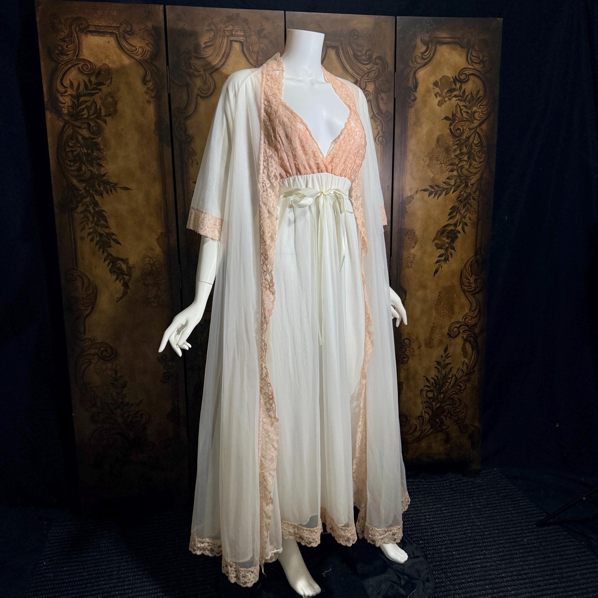 vintage Nightgown Robe Peignoir Set, MERLITA 1960s Sheer white & blush lace lingerie gown
