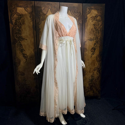 vintage Nightgown Robe Peignoir Set, MERLITA 1960s Sheer white & blush lace lingerie gown