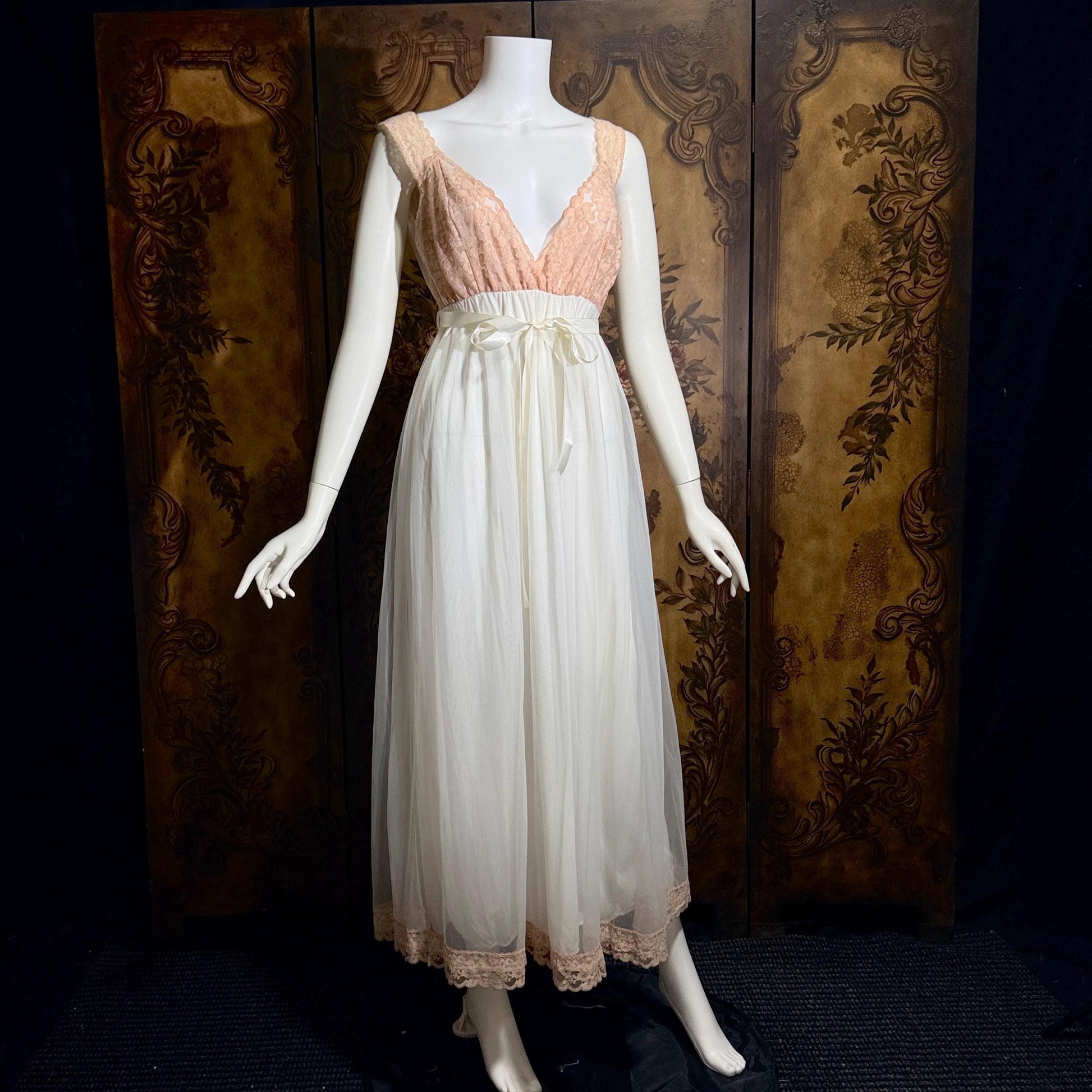 vintage Nightgown Robe Peignoir Set, MERLITA 1960s Sheer white & blush lace lingerie gown