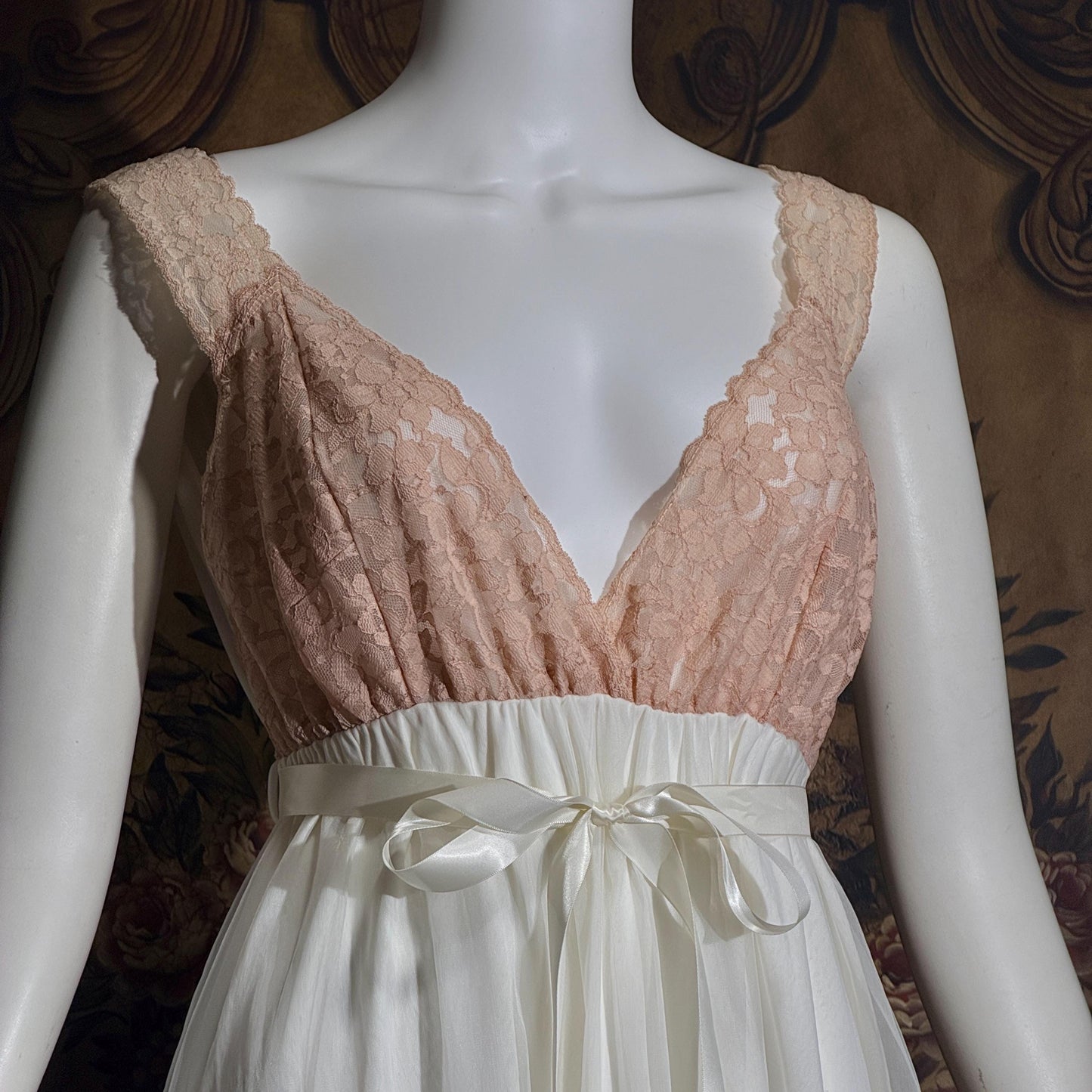vintage Nightgown Robe Peignoir Set, MERLITA 1960s Sheer white & blush lace lingerie gown