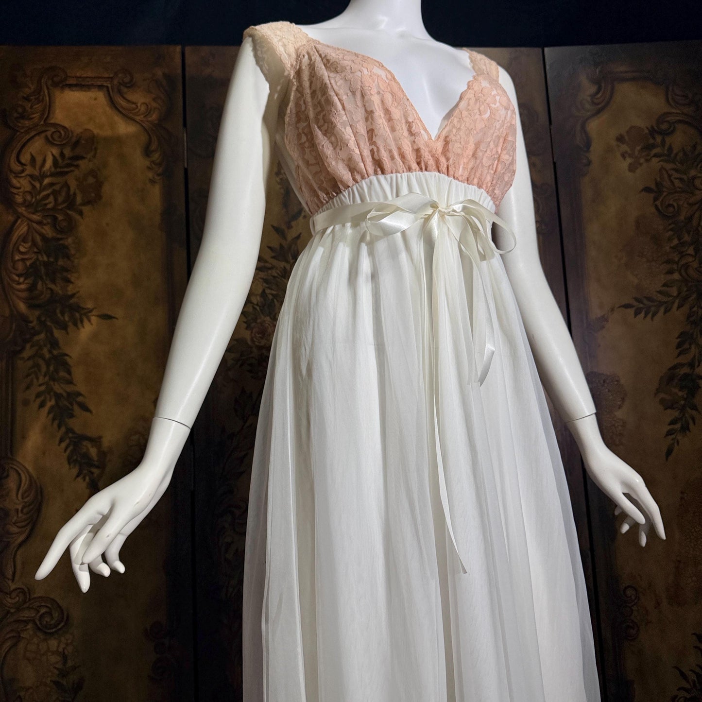 vintage Nightgown Robe Peignoir Set, MERLITA 1960s Sheer white & blush lace lingerie gown