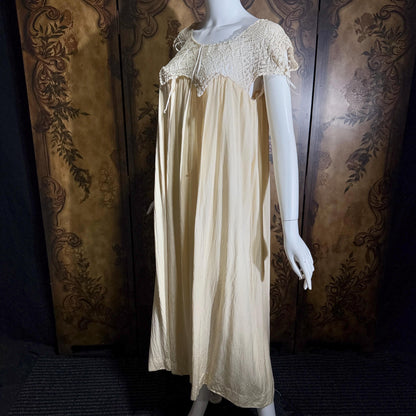 Vintage 1900s Edwardian silk nightgown slip dress, Ecru crochet babydoll night dress