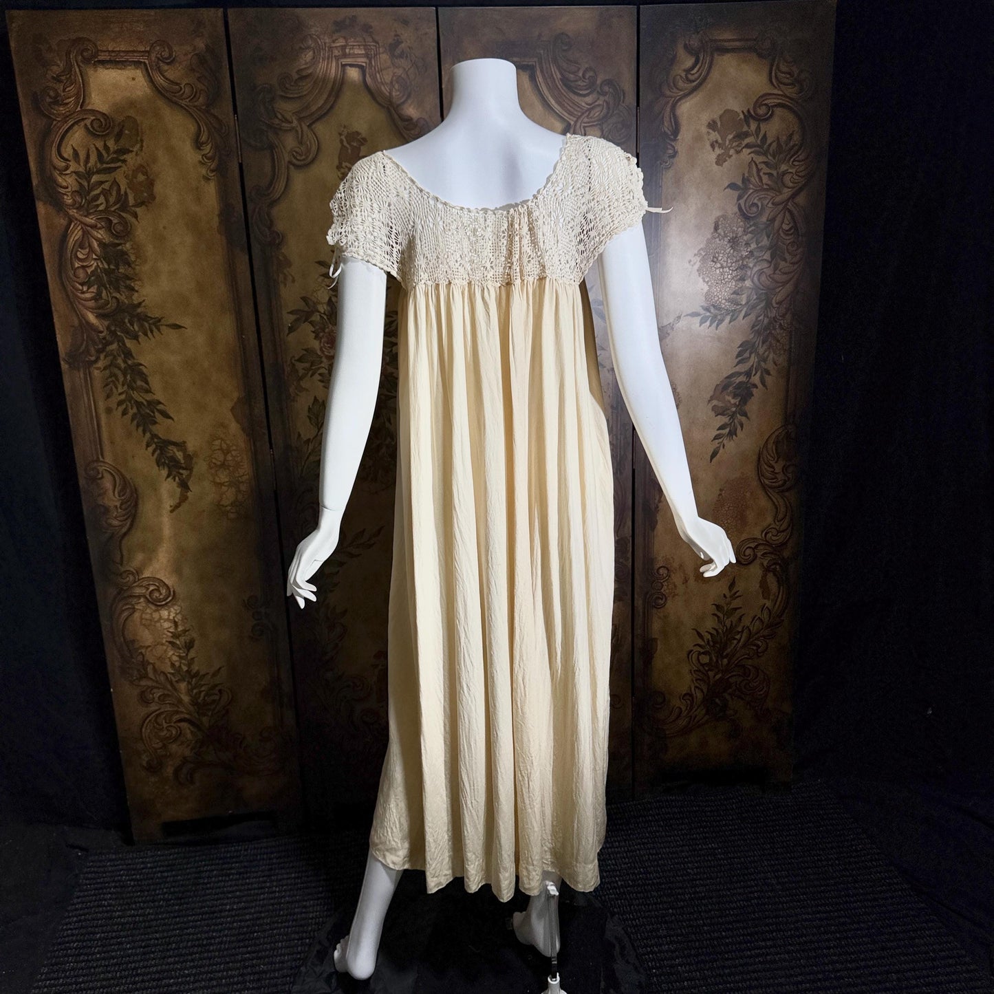 Vintage 1900s Edwardian silk nightgown slip dress, Ecru crochet babydoll night dress
