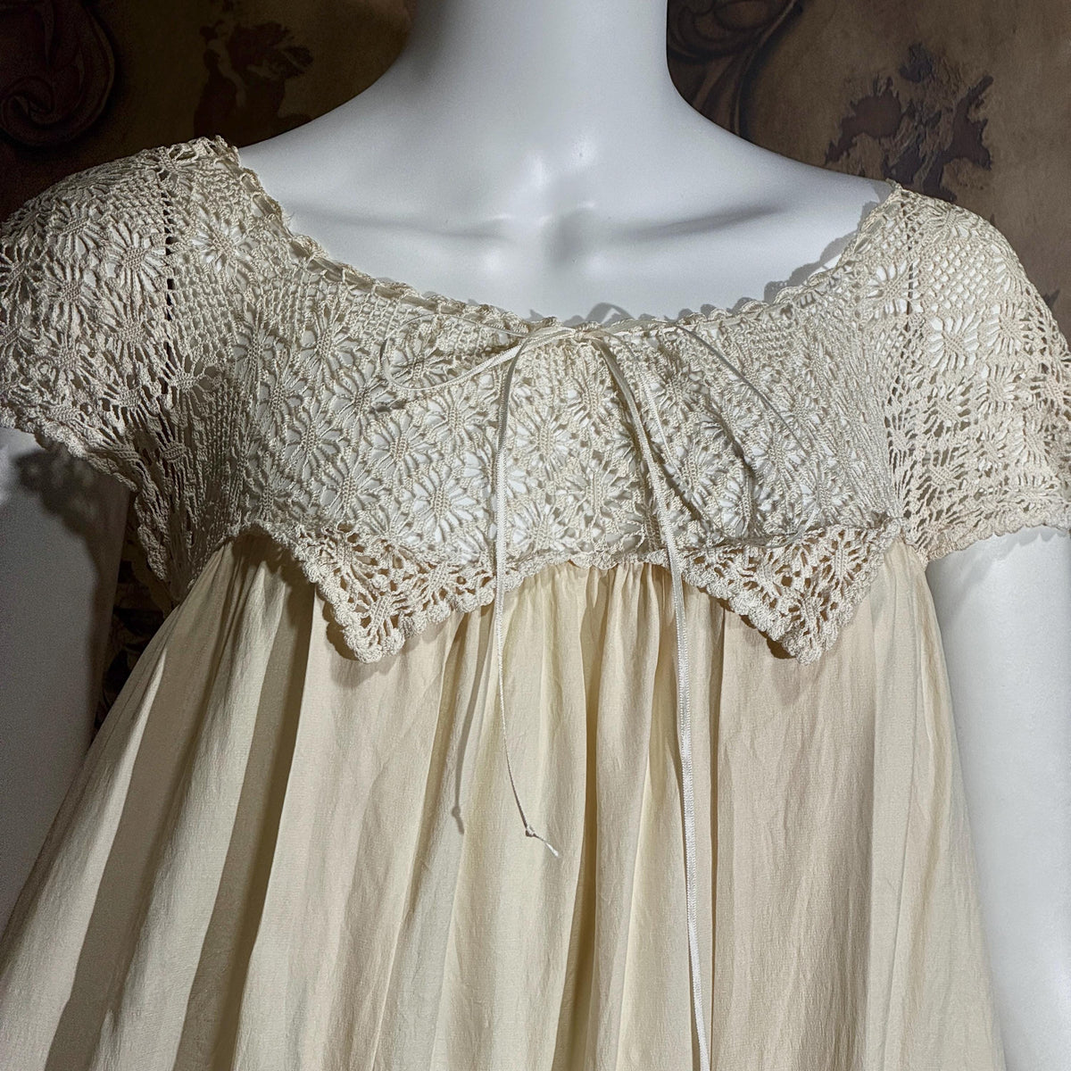 Vintage 1900s Edwardian silk nightgown slip dress, Ecru crochet babydoll night dress