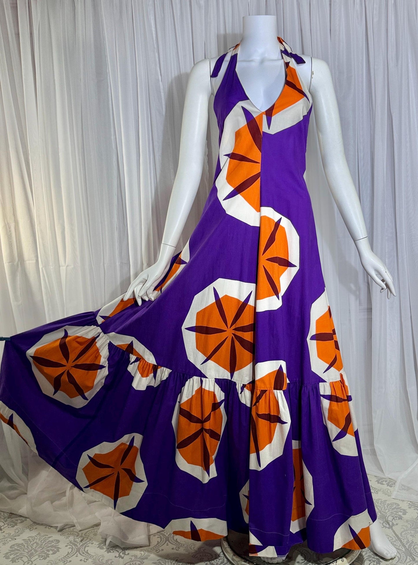 vintage 1970s MARIMEKKO maxi dress, Dated 1970 Finland purple and orange op art cotton halter dress