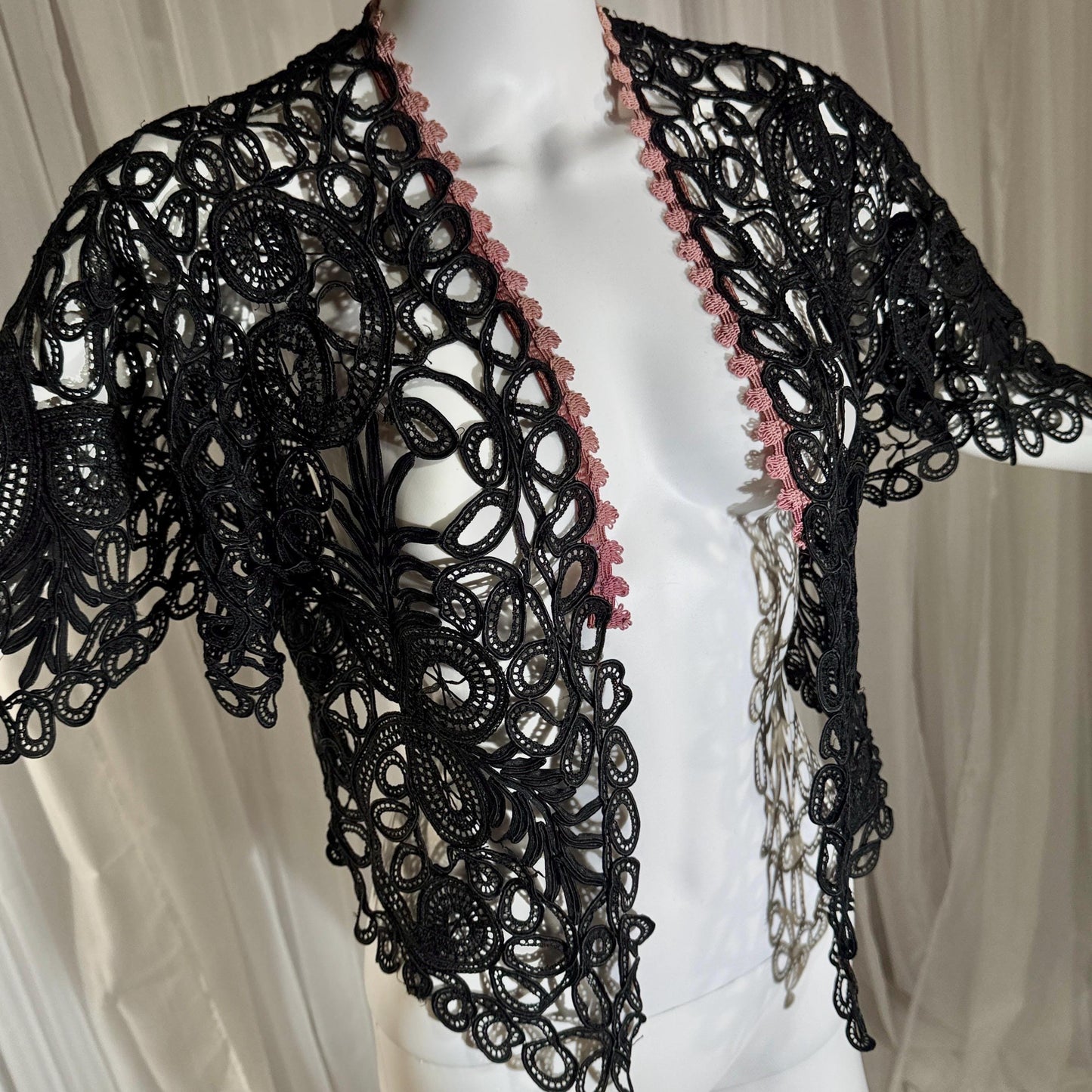 Antique Victorian Mantelet, 1800s Black Tape Lace Bolero Evening Jacket