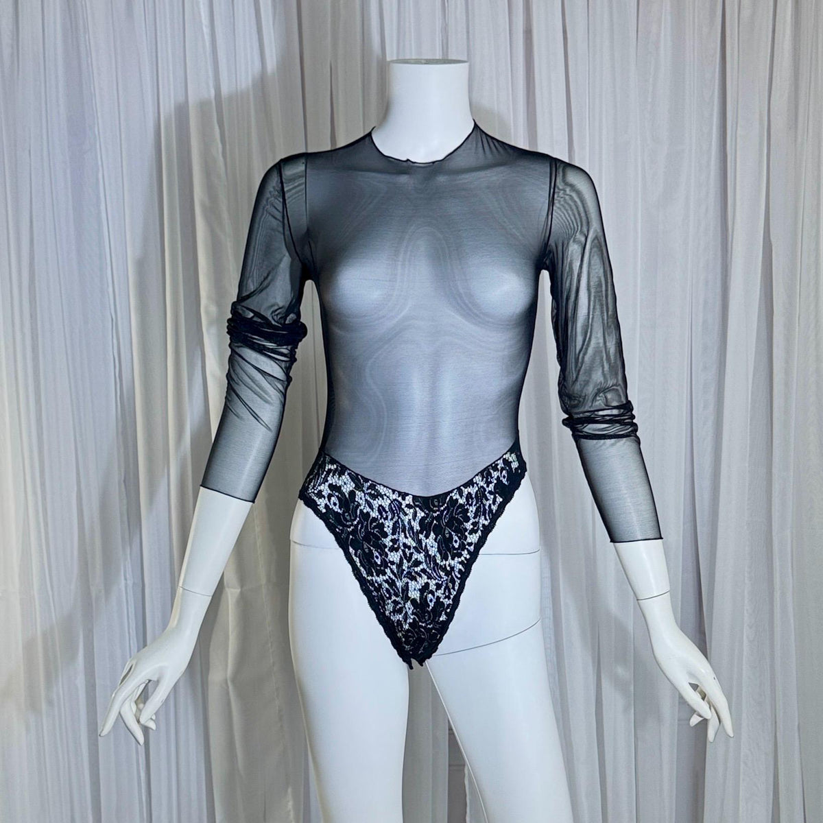 vintage 1980s Sheer Mesh Bodysuit, Black lace evening top lingerie