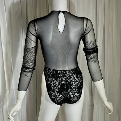 vintage 1980s Sheer Mesh Bodysuit, Black lace evening top lingerie
