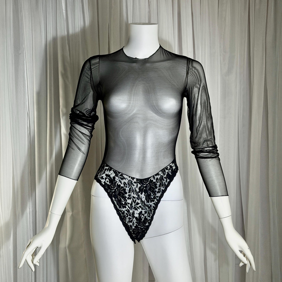 vintage 1980s Sheer Mesh Bodysuit, Black lace evening top lingerie