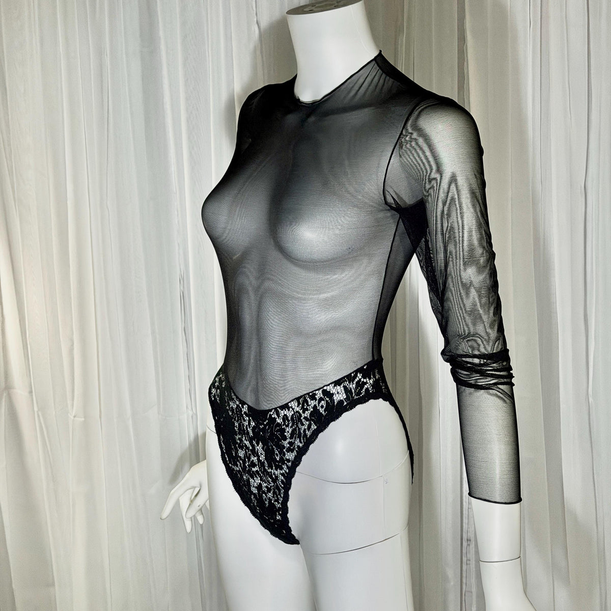 vintage 1980s Sheer Mesh Bodysuit, Black lace evening top lingerie