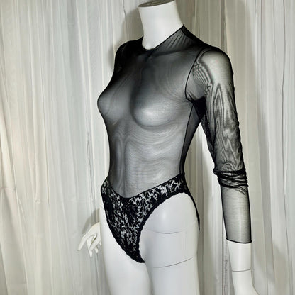 vintage 1980s Sheer Mesh Bodysuit, Black lace evening top lingerie