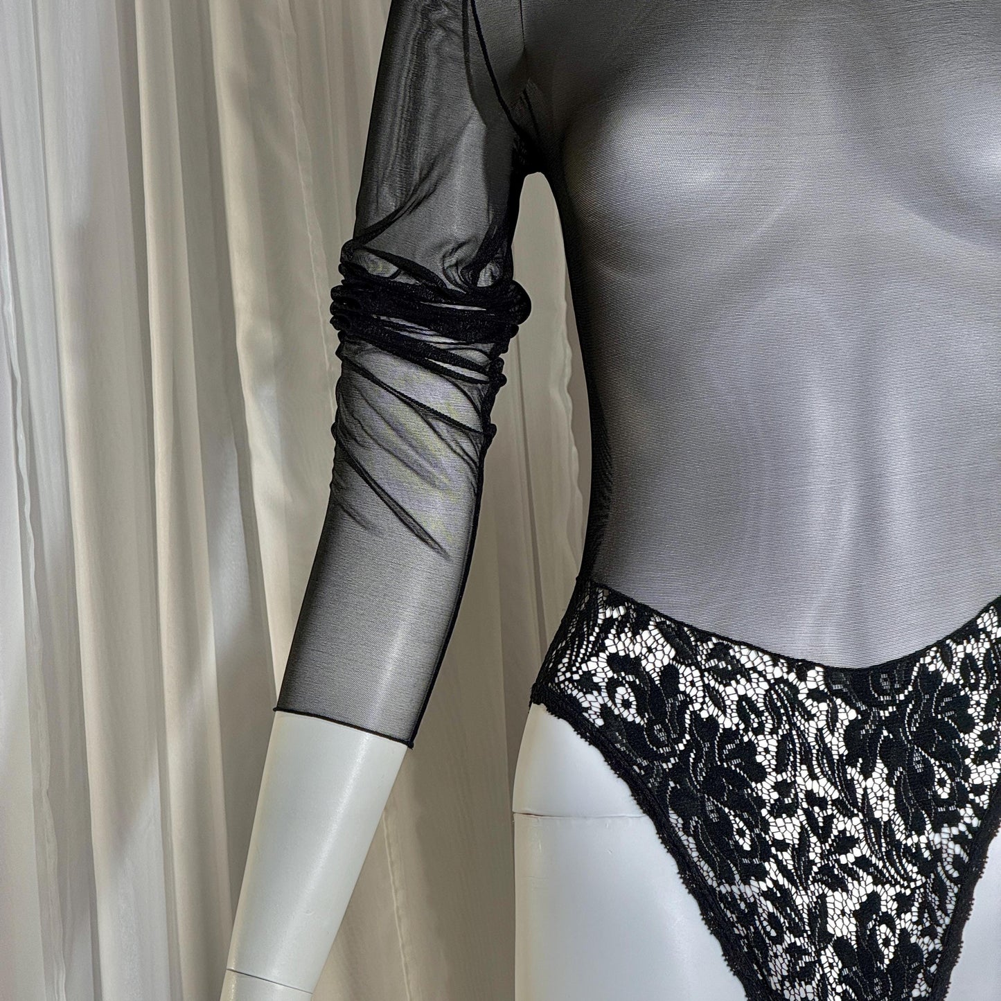 vintage 1980s Sheer Mesh Bodysuit, Black lace evening top lingerie