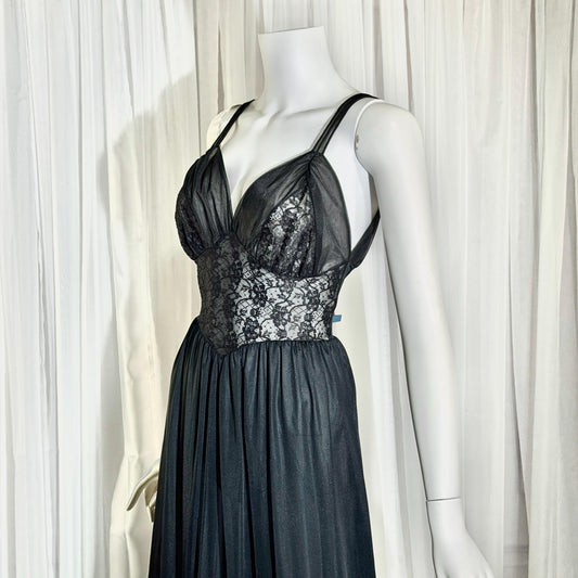 Rogers vintage 1950s Black Lace Nylon Nightgown Lingerie Slip Dress
