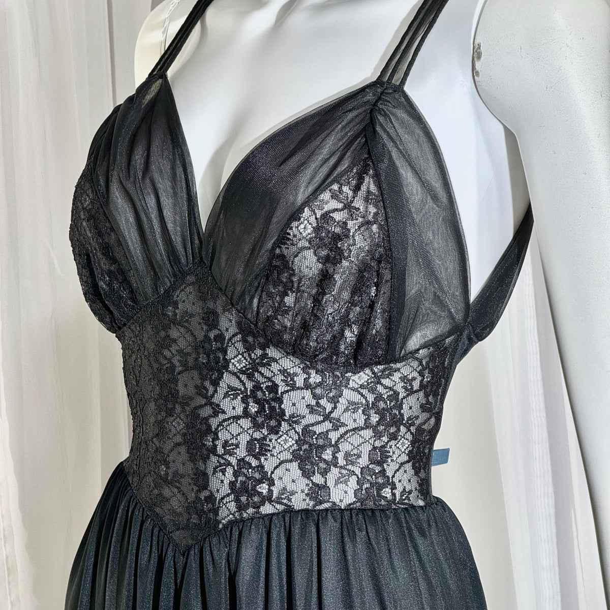 Rogers vintage 1950s Black Lace Nylon Nightgown Lingerie Slip Dress
